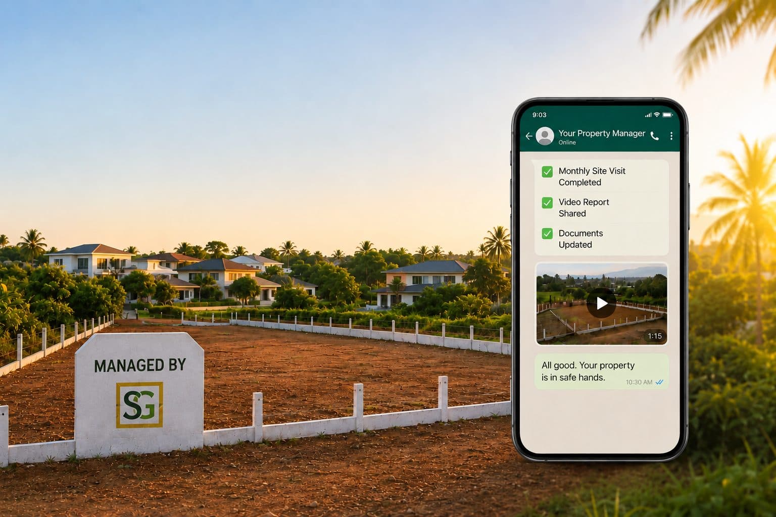 NRI property owner receiving a WhatsApp update with site-visit photos and video report