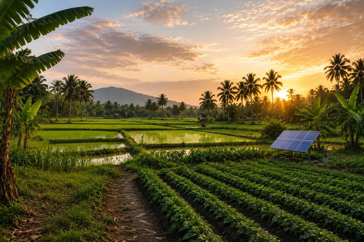 Lush green paddy fields and crop rows at sunset, with a solar panel, coconut palms, and a hill in the background in Tamil Nadu