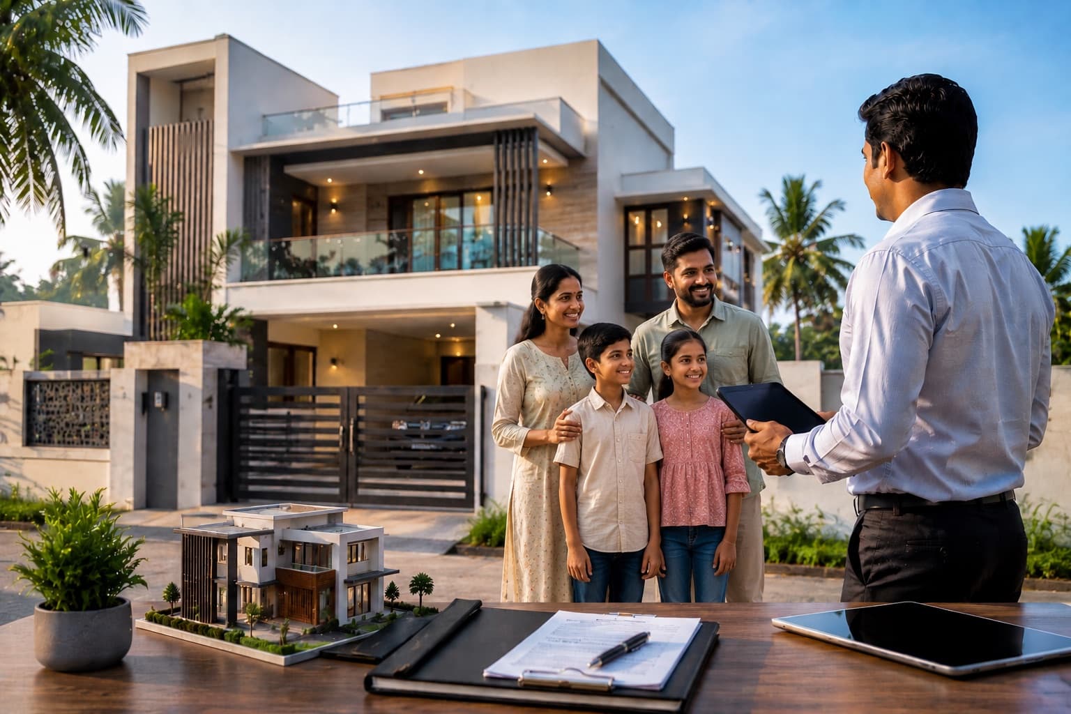A family meeting a SquareGate advisor in front of a modern villa, with a scale model and property documents on the table