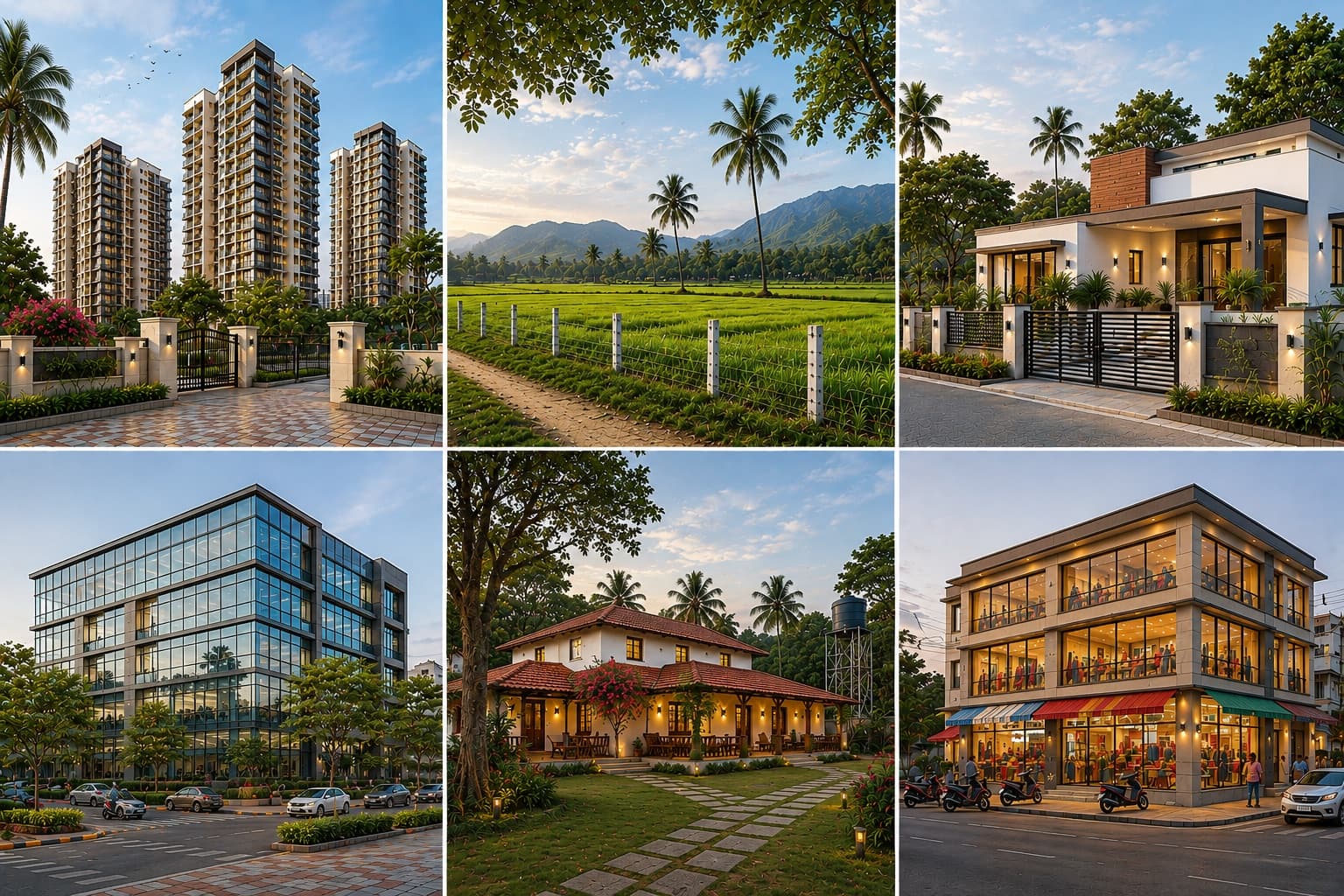 A grid of the property types SquareGate manages across Tamil Nadu — apartment towers, farmland, a modern villa, a glass office building, a traditional home, and a commercial building