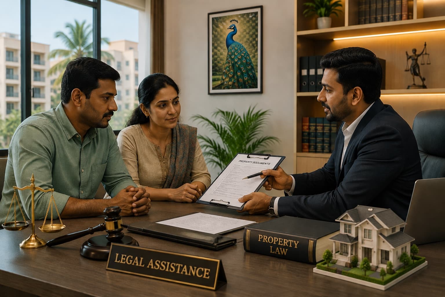 A couple reviewing property documents with a SquareGate advisor — gavel, scales of justice, and a property-law reference on the desk