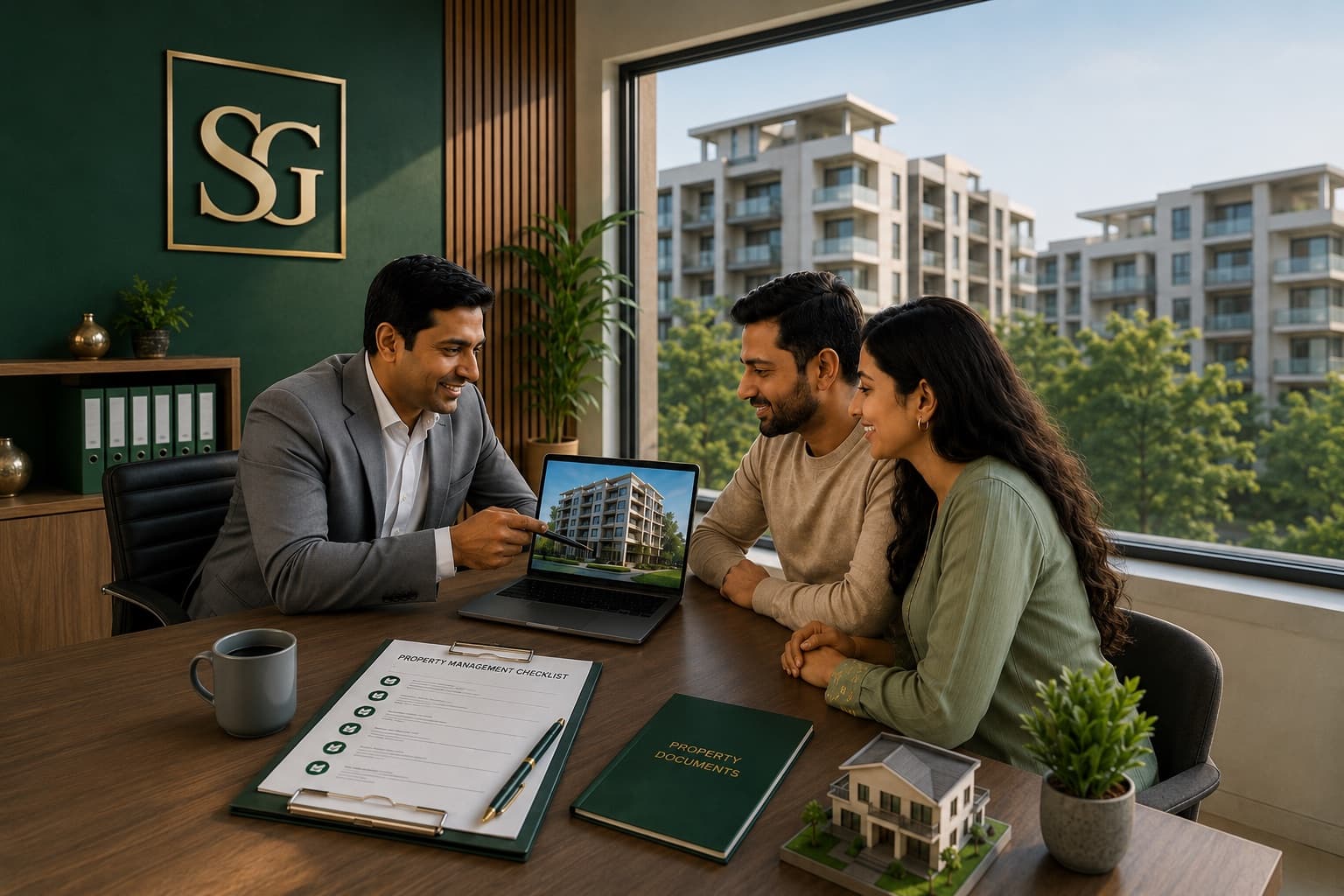 A SquareGate advisor showing an apartment project on a laptop to a couple, with property documents and a scale model on the table