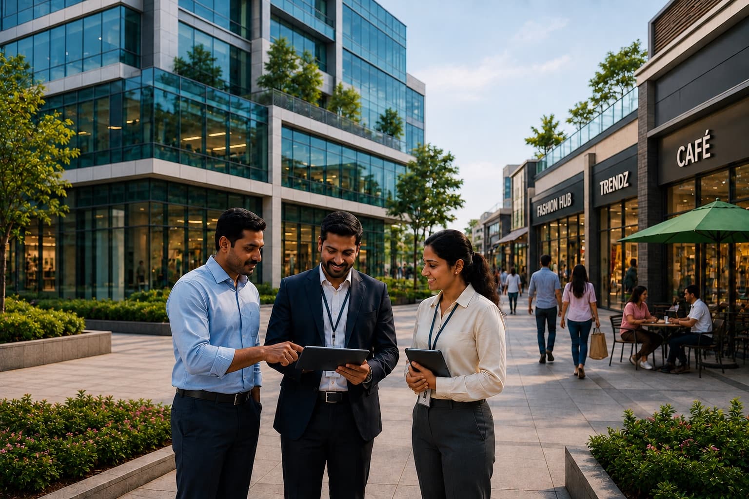 Three SquareGate property managers reviewing a tablet outside a commercial building and retail plaza