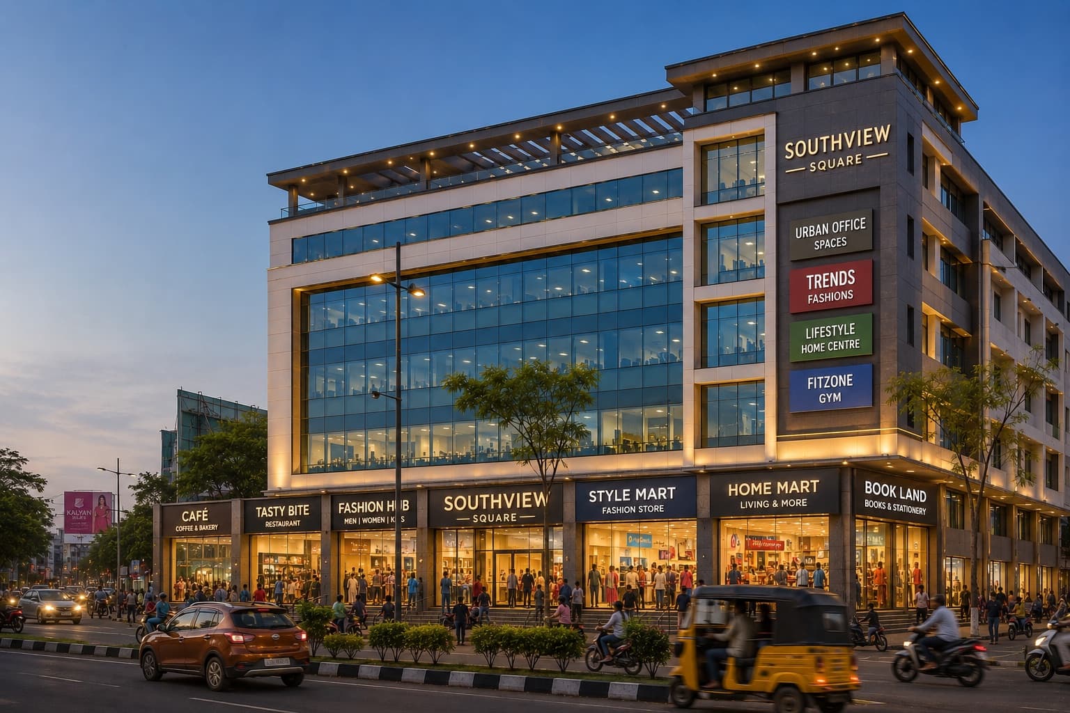 A lit-up multi-storey retail and office plaza at dusk with ground-floor shops and busy street traffic in a Tamil Nadu city