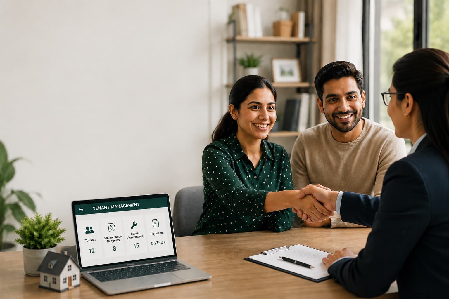A couple shaking hands with a SquareGate advisor across a desk, a laptop showing a tenant management dashboard and a small house model beside it